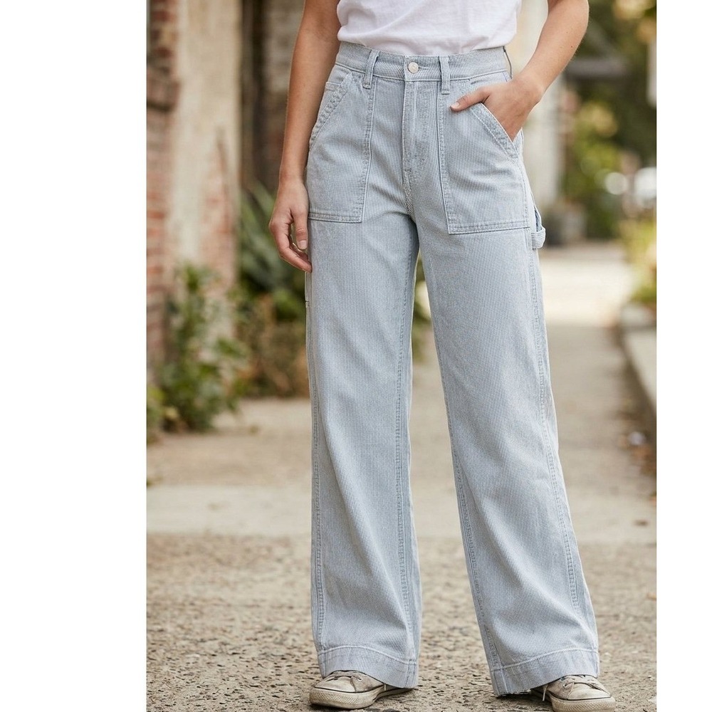 American Eagle Super High Rise Baggy Wide Leg Jean Women 00 Blue Railroad Stripe